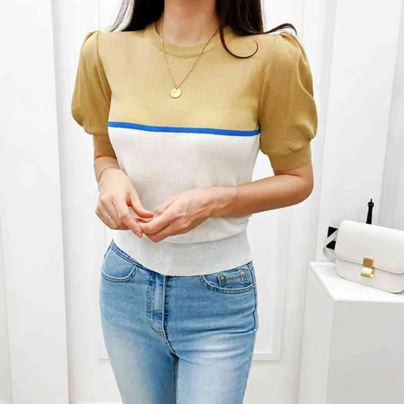 夏のカラーブロック韓国のニットTシャツトップス女性半袖OネックファッションティーカジュアルエレガントなレイズTシャツ210515