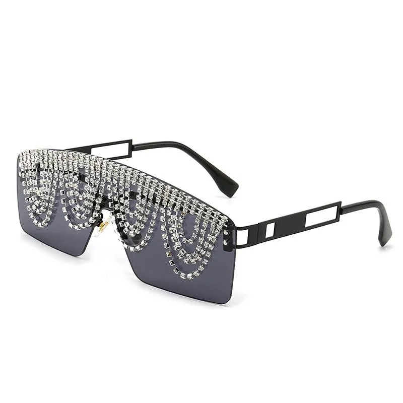 Sunglasses Luxury Oversized Rhinestone Women Diamond Tassel Ladies One-Piece Sun Glasses Big Frame Brand Designer Retro Eyewear