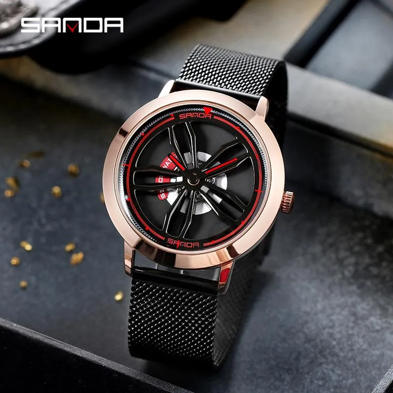 Orologi da polso 2021 Orologi da uomo minimalisti Fashion Spin Car Wheel Orologio da polso al quarzo con o senza scala Cintura in maglia metallica Orologio da uomo casual