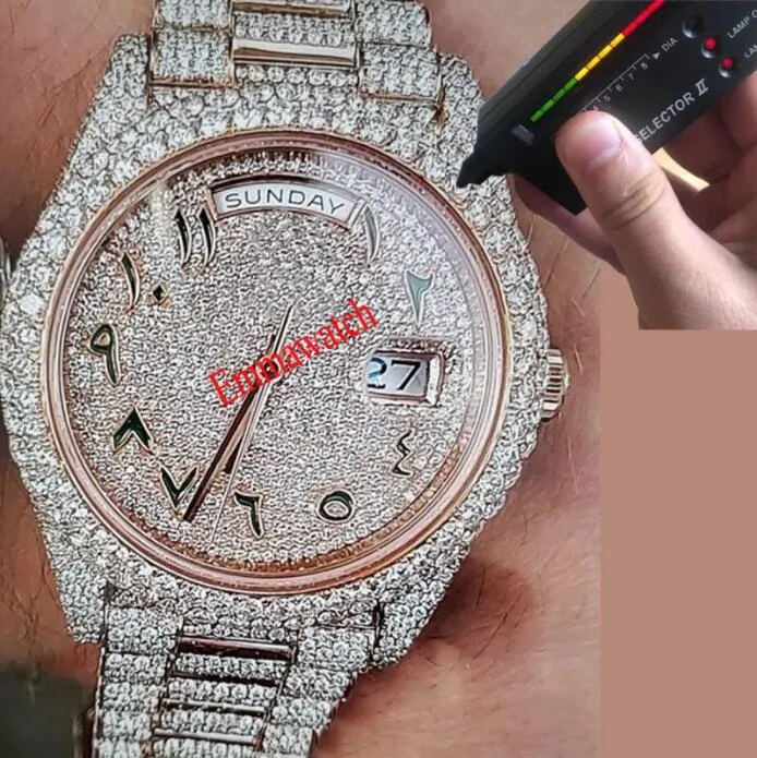 Les montres de créateurs peuvent regarder des diamants Les hommes réussissent le test Montres de luxe en or rose mélangé avec argent entièrement glacé Montres-bracelets avec boîte Montres en carton et papiers