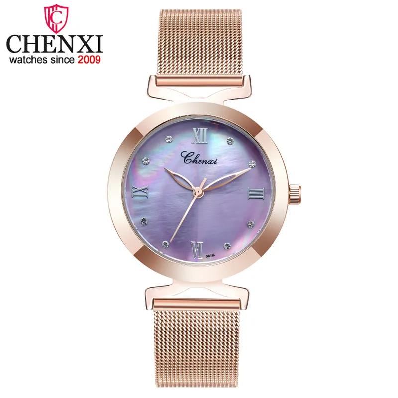 Chenxiシェルダイヤルファッションレディースウーマンラグジュアリーブランド腕時計ゴールデンレディースクォーツ時計ドレス腕時計Reloj Mujer Q0524