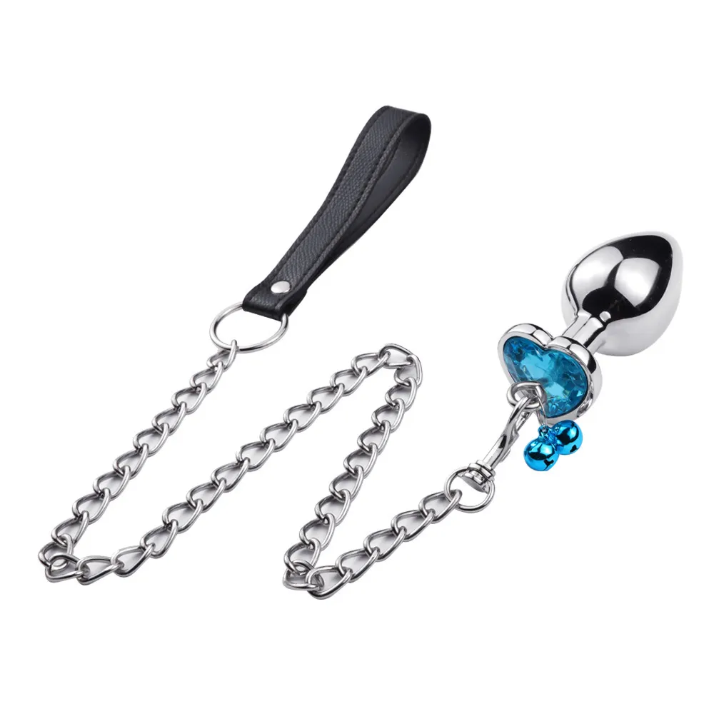 Leash Chain Anal Plug with Bell Adult BDSM Games Stainless steel Crystal Heart Anal Sex Butt Plug Stimulator Sex Toys For Wome X0401