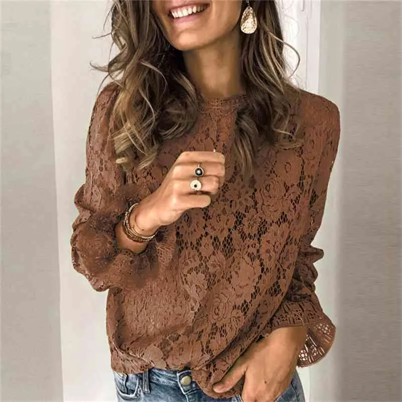 Foridol sexy hollow out lace tops shirt women autumn winter flower embriodery tops ladies long sleeve tops plus size 210415
