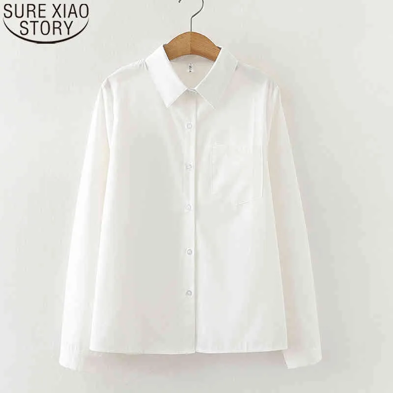 Office Ladies Blouse with Pocket Solid White Shirts Women Long Sleeve Bottoming Shirt Loose Turn-down Collar Button Blusas 12403 210417