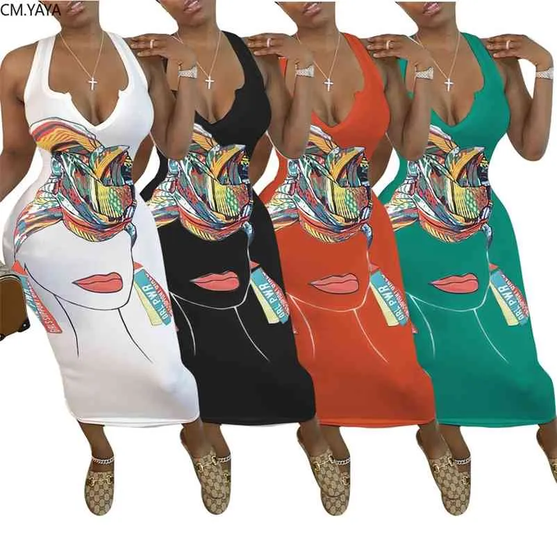 CM.YAYA Women Cartoon Print V-neck Sleeveless Tank Bodycon Midi Dress Sexy Party Club Bandage Mid-Calf Length Pencil Dresses 210331