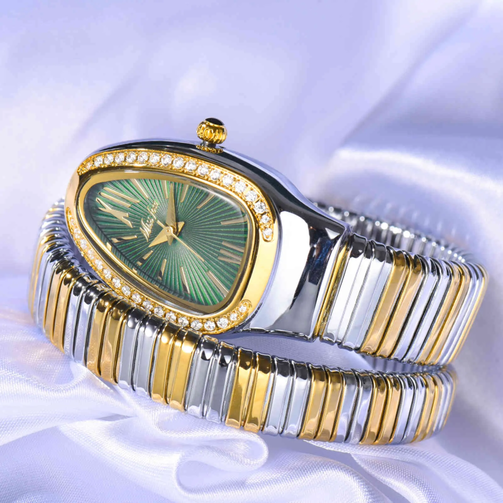 MissFox Snake Head WristWatch Gold e Prata Pulseira Relógios Lady Green Dial Diamante Fashion Party Mulheres Quartz Watches