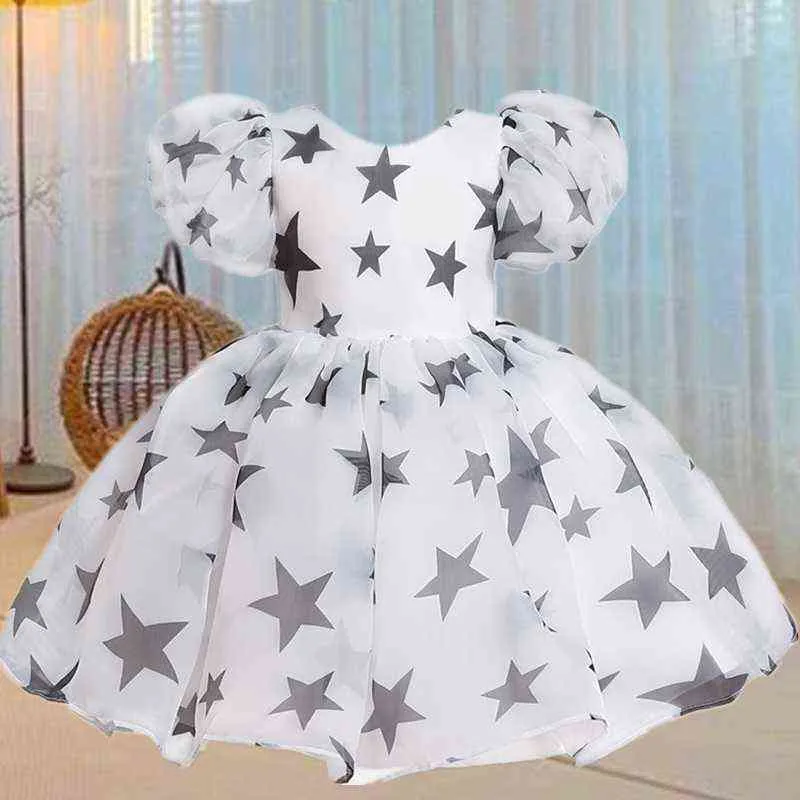 Robe de princesse de fête pour fille enfants fleur étoile imprimer robe de bal anniversaire soirée robe de bal pour 3-8Y robe à manches bouffantes pour fille G1215