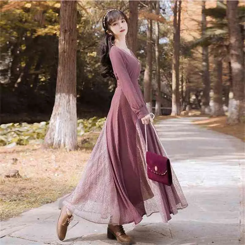 Maxi Women Dress Vネックフルスリーブ足首長さ紫色のピンクの編み物レース女性vestidos Spring Vintage Long 210603