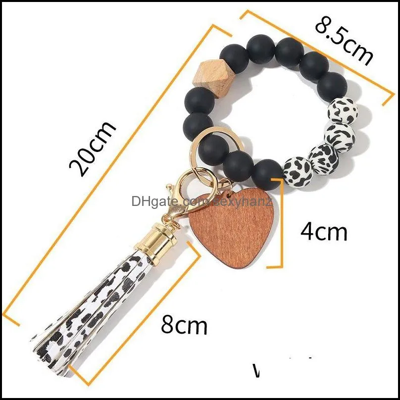 Party Favor Food Wrist key chain Beads Bracelet Event love Wooden Bead Bangle Keychain PU Tassel Anti-lost Keyring GWF12342