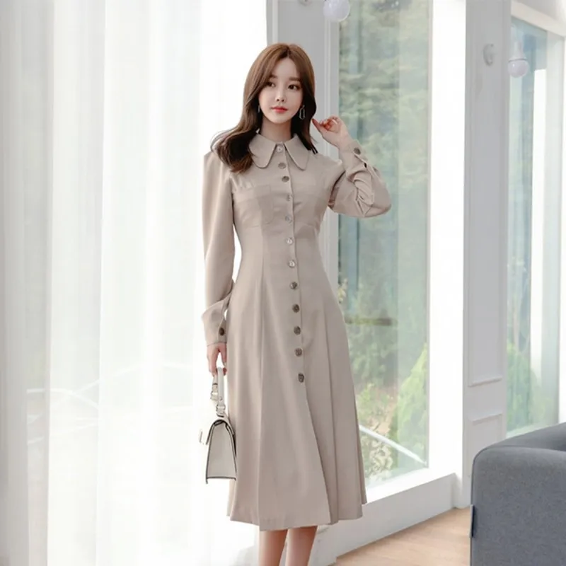 Haute qualité mode automne décontracté bureau dame simple boutonnage col rabattu corée chic femme robe fendue 210514