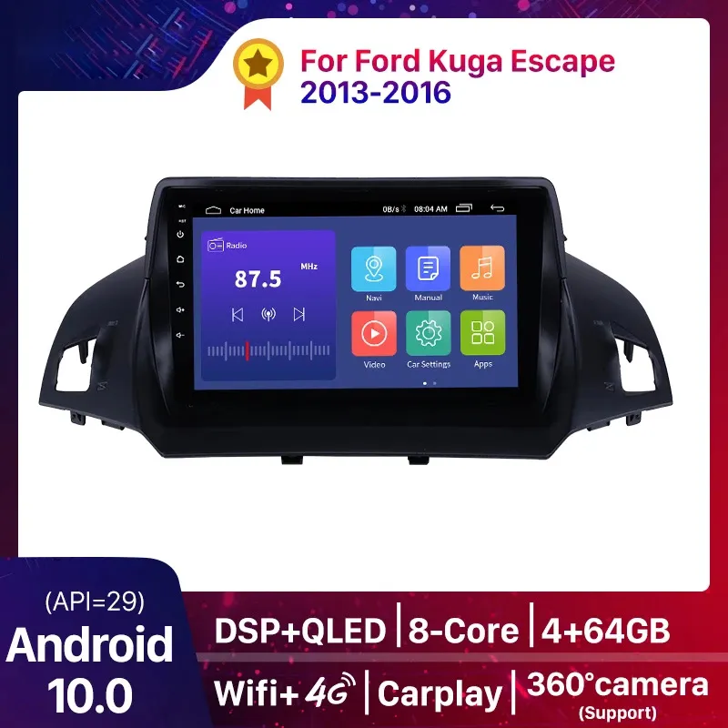 2din Android 10 9 tums bil DVD-radiosspelare för Ford Kuga Escape 2013-2016 Huvudenhet WiFi stereo GPS multimedia