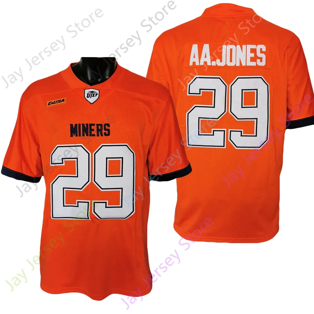 2021 Nouveau maillot de football des mineurs NCAA UTEP 29 AA.Aaron Jones College Jersey Orange Navy Taille Jeune Adulte