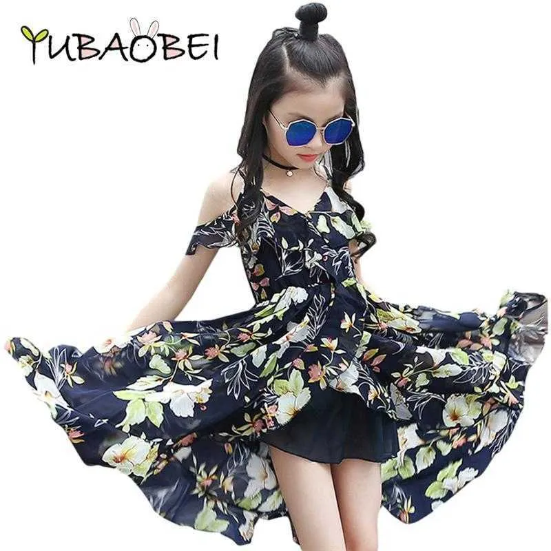 YUBAOBEI Summer Girls Off Shoulder Dress Children's Bohemia Style Sleeveless Chiffon Flower Dress Clothes For Girls 12 Years Old Q0716