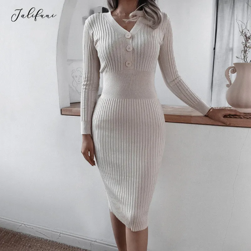 Bodycon Dress Black Elegant Office Ladies V Neck Buttons Knitted Jumper Dresses For Women Autumn Winter Clothes New Arrival 210415