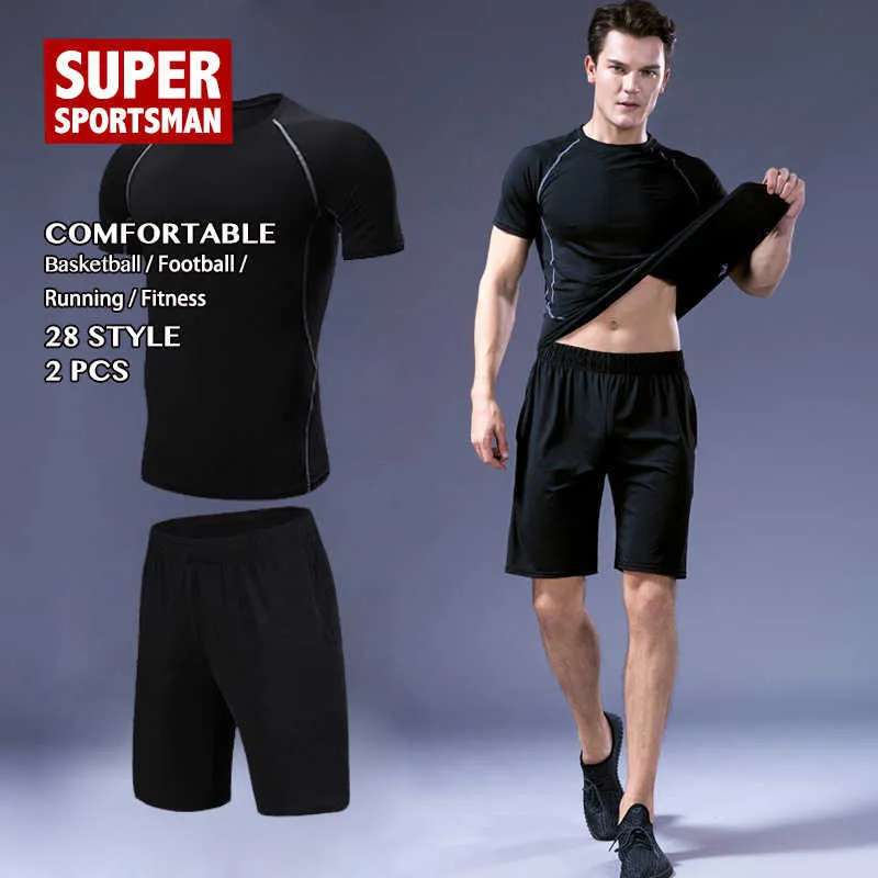 Fitness Palestra Abbigliamento Uomo Allenamento Tute da jogging Abbigliamento sportivo per uomo Corsa Abbigliamento sportivo Calcio Allenamento Abbigliamento Camicia + pantaloni 2 pezzi Q190521