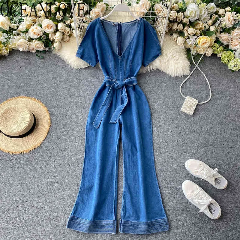 V Neck Bandage Jumpsuits Women Solid High Waist Bodysuit Korean Vintage Denim Ropa Mujer Spring Fashion 16346 210415