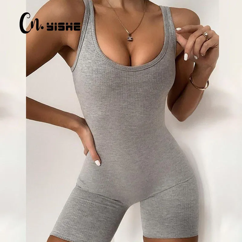 CNYISHE Été Sportif Entraînement Barboteuses Femmes Combinaisons Sans Manches Casual Solide Skinny Combishorts Mode Sexy Fitness Barboteuses 210419