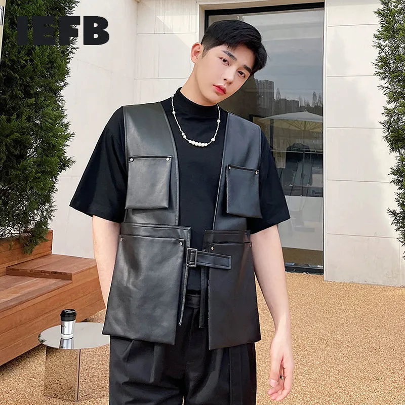 IEFB Spring And Summer Men's Clothing Multi Pocket Rivet Design Black PU Leather Vest Sleeveless Streetwear Tops 9Y7554 210524
