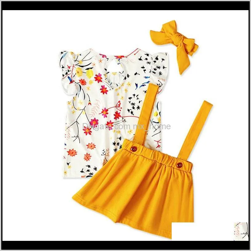 kids girls clothing sets petal sleeve floral printed strap dress kids desinger clothes girls three-piece suit bow tie headband 6m-5t