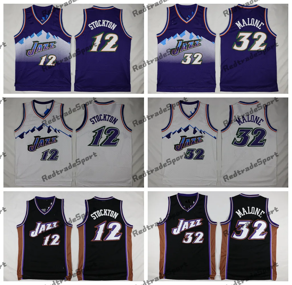 Mens Vintage 1996-97 Basketball Jerseys 12 John Stockton 32 Karl Malone Snow Mountain Purple White Black Stitched Shirts