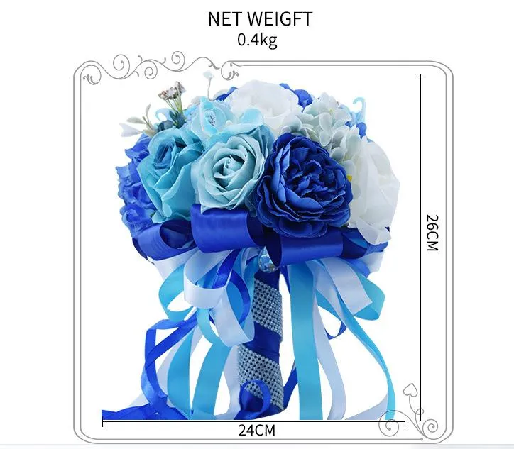 Blue Satin Mariage Main Fleurs Autres accessoires Bouquet de mariée Rose Decoration Demande d'honneur artificielle Holding Broche Fleur