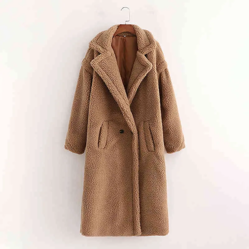 Evfer Women Casual Woolen Khaki Ciepłe Długie Płaszcze Oversize Kobiet Moda Teddy CashMere Luźna Kurtka Damska Zima Gruba Znosić 210421