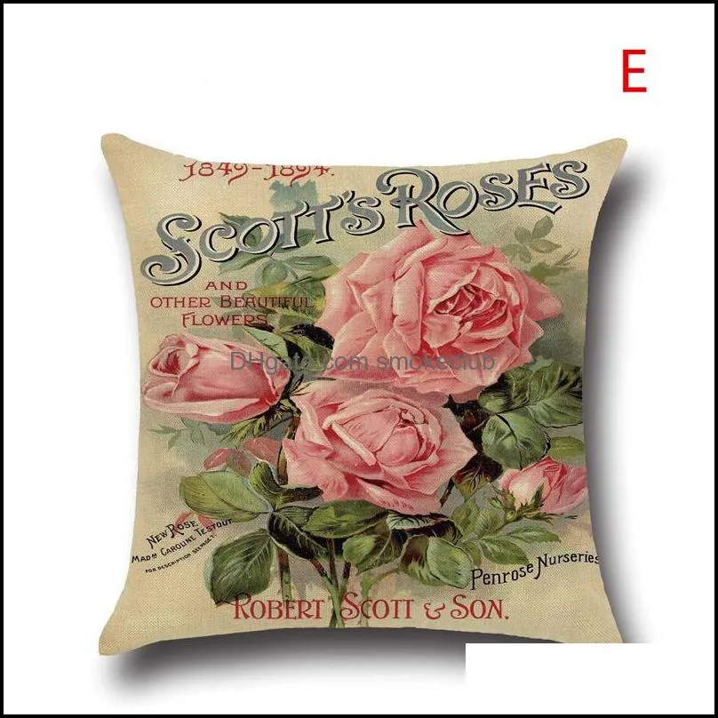 Rose Flower Printing Linen Cotton Pillow Covers 18x18 Square Sofa Cushion Pillow Case for Home Decor