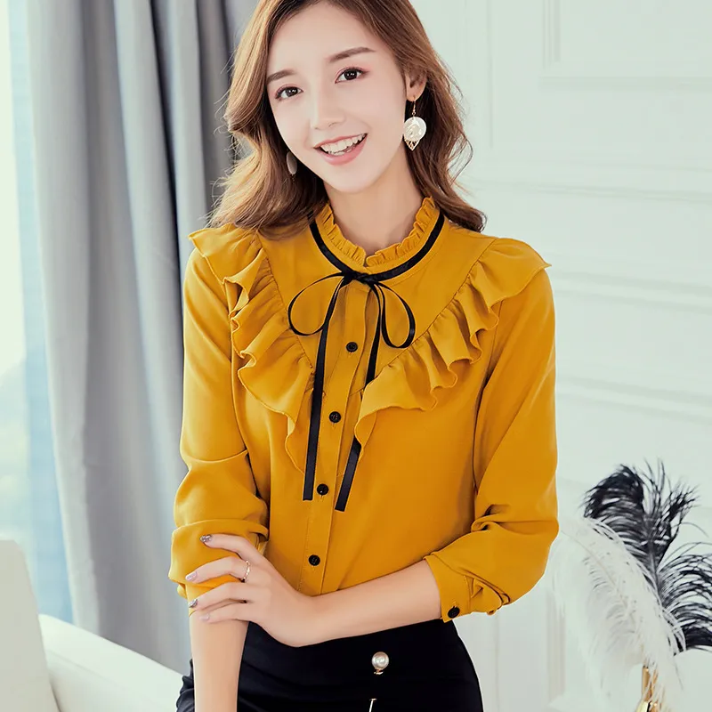 Желтые элегантные оборками пэчворк шифоновая рубашка осень длинный рукав тонкий вершин корейский уличная одежда женская одежда кнопки сладкие блузки 210507