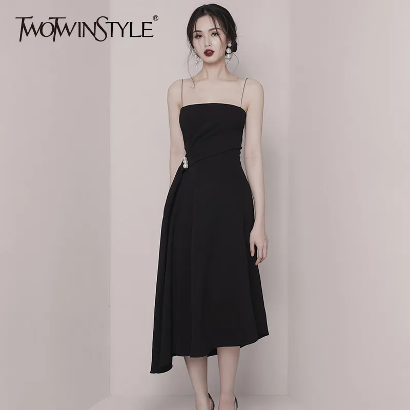 Twotwinstyle Party Black Patchwork Pearl Dress for Women Strapless High Waist Oregular Hem Sexiga Klänningar Kvinna Sommar 210517