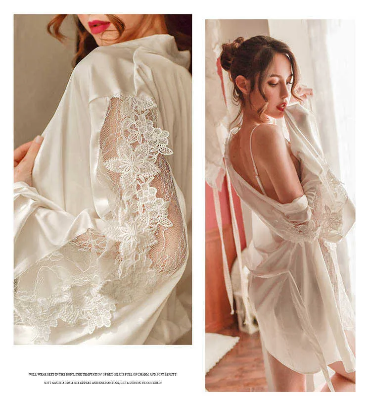 CINOON 3Pcs Women Sexy Silk Nightgown Embroidery Lace Bath Gown Nightdress Summer Sleepwear Wedding Night Dress Robe With Belt (12)