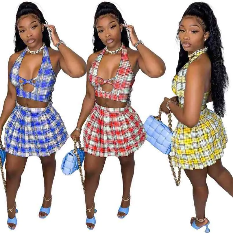 Deux pièces ensemble robe femmes été néon Plaid imprimé gilet haut court et jupe trapèze 2 costume Sexy Club fête Mini 210525