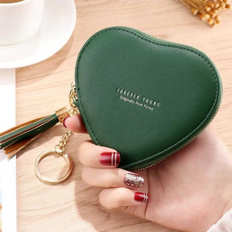 Pursese Women Wallet Lovely Coin Heart-Shaped Bag Lady's Small Key Kvinna Mini Söt dragkedja Fransficka Portable Purse