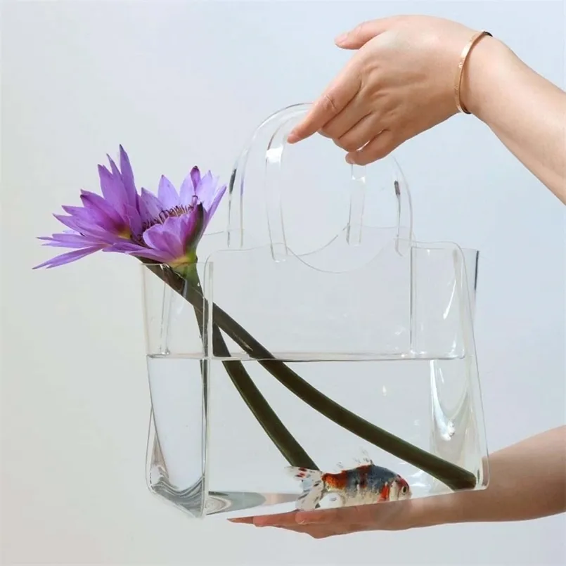 Net Celebrity Bubble Creative Handbag Bag Glass Vase Large Diameter Ins Fish Tank DecorationLiving Room Flower Arrangement 211214