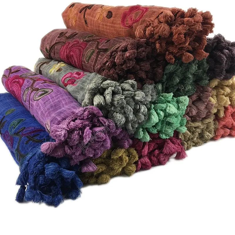 Ricama Hijab Fiore Sciarpa Scialli Musulmano Cotone Pashmina Silenziatore Grandi Involucri Moda Lunga Pashmina 180 * 90 cm