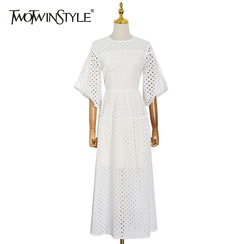 White Backless Dress For Women O Neck Short Sleeve High Waist Hollow Out Elegant Dresses Female Fashion Clothes 210520