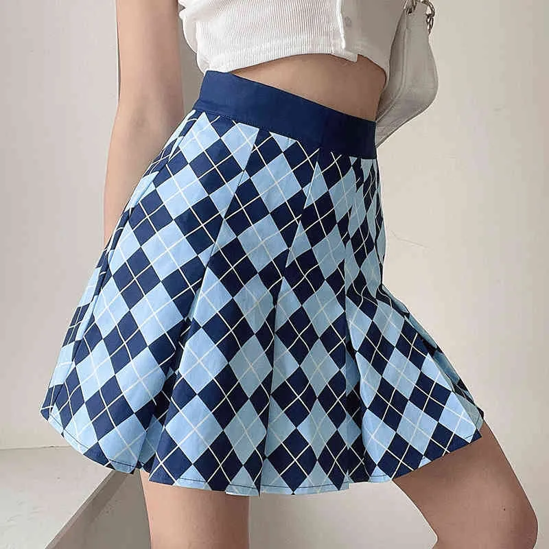 Argyle Drukowane Y2K Mini Spódnica Dla Kobiet Kawaii Lato Vintage Plaid Koreańska Moda Wysoka Paisty Krótkie Plisowane Spódnice Saias 210415