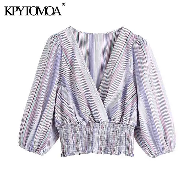 Kvinnor Mode med elastisk Hem Striped Beskuren Blusar V Neck Puff Sleeve Kvinnliga Skjortor Blusas Chic Toppar 210420