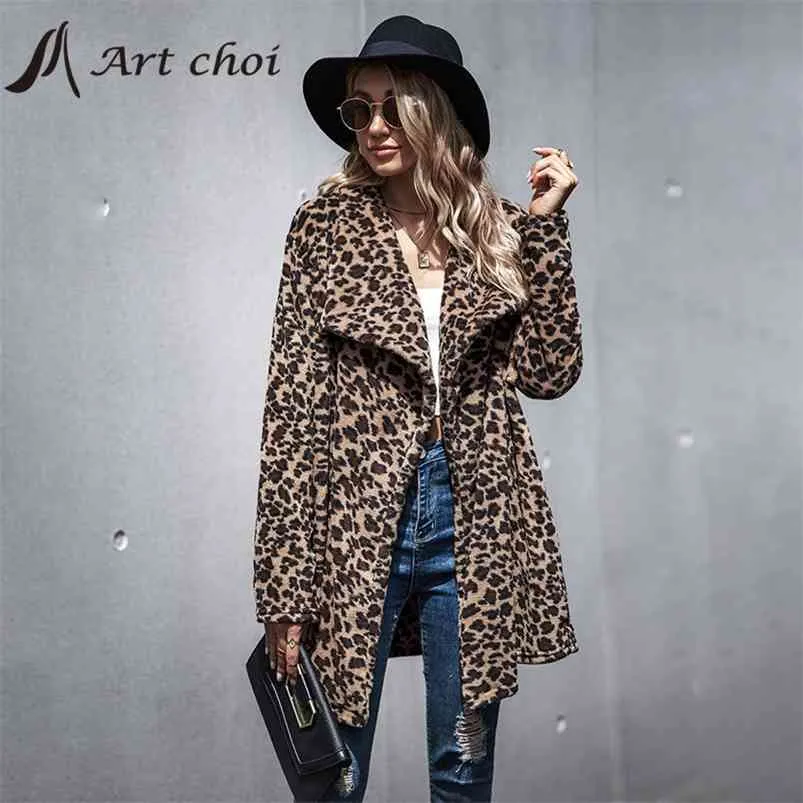 Grube Winter Women Casual Elegancki Faux Fur Leopard Jacket Ciepłe Kartuar Kobiet Pluszowe Płaszcze Bluza Odzieżowiec Płaszcz 210816
