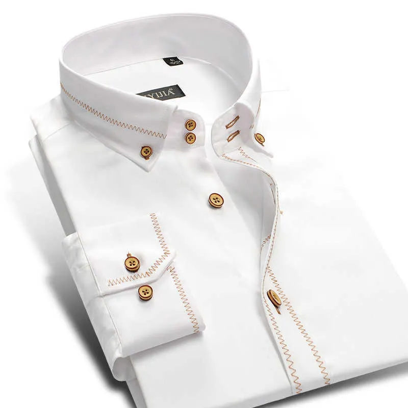 Luxe 100% katoen heren jurk shirt witte lange mouw formele mode zakelijke hoge kwaliteit werk sociaal slim casual shirt 210708