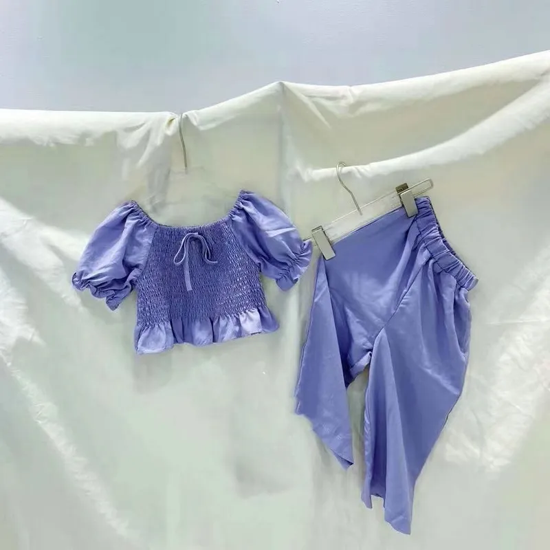Девушки летний корейский дизайн 2 штуки костюм топ + брюки детей сплошные комплекты детской одежды 210528