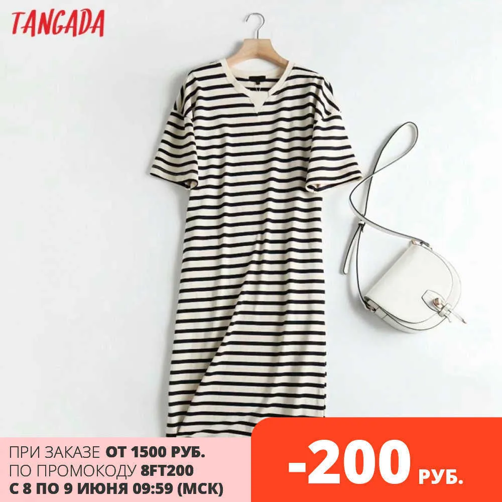 Tangada летние женщины полосатый печать футболки платье высокого качества с короткими рукавом дамы MIDI платье Vestidos 4C80 210609