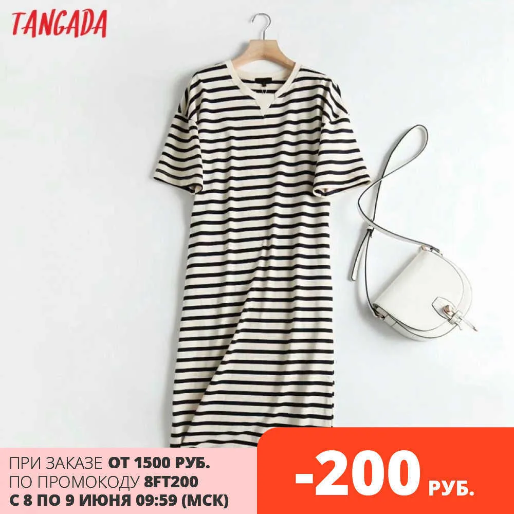 Tangada 여름 여성 줄무늬 인쇄 티셔츠 드레스 고품질 반팔 숙녀 미디 드레스 Vestidos 4C80 210609