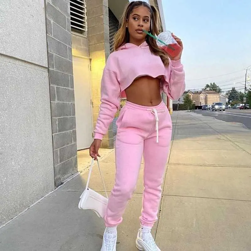 Womens Fall Pink Cropped Hoodie And Crop Top Set Casual Two Piece