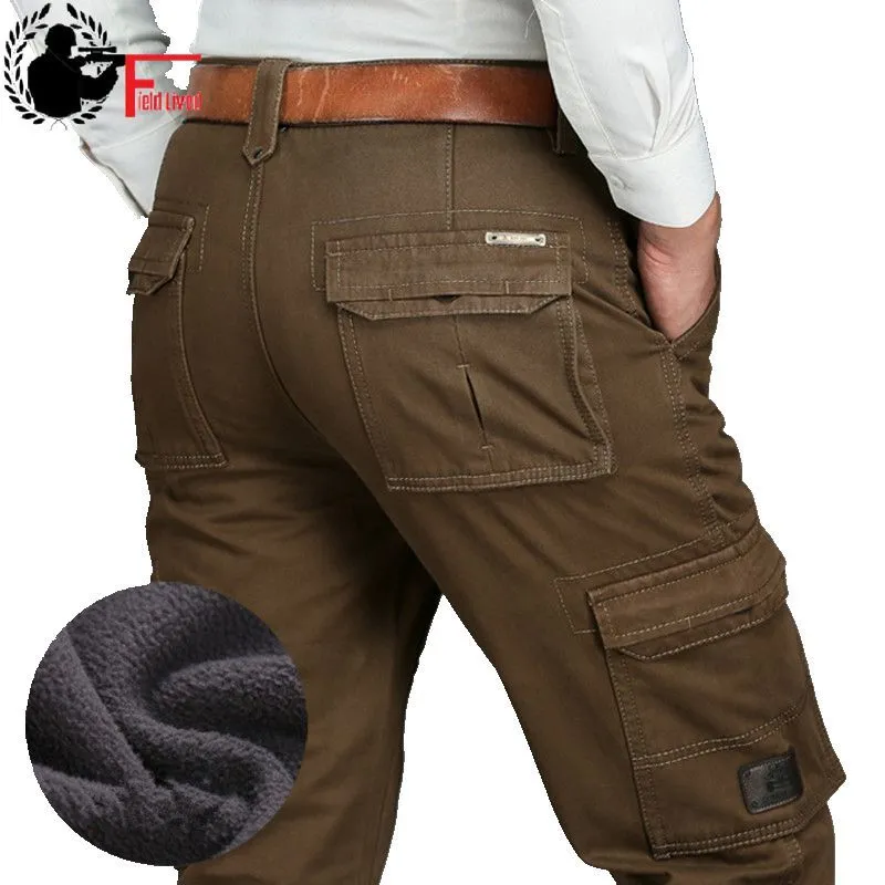 Fleece Warm Winter Cargo Pants Men's Casual Loose Multi pocket Male Military Army Style Green Khaki Trousers Size 44 42 40 210518