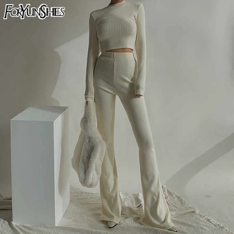 Foryunshes 2-х частей наборов женские наряды трексуиты потные костюмы вязаные базовые урожая высоты высокого талии случайные вспышки столовые брюки набор Y0625