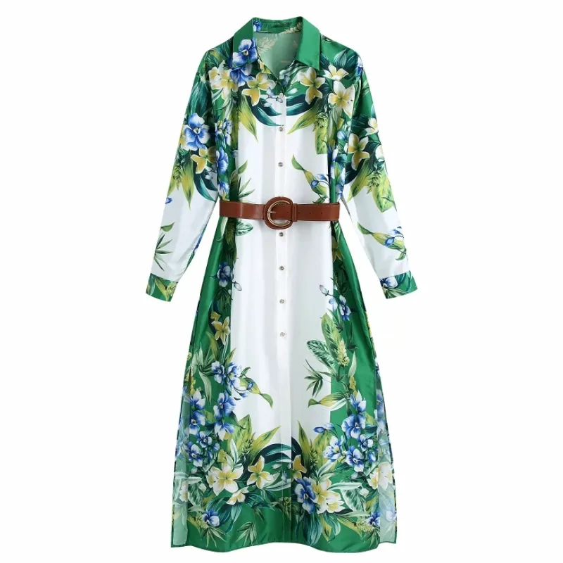 Spring Women Placement Print Sashes Side Slit Midi Shirt Dress Female Long Sleeve Clothes Casual Lady Loose Vestido D7398 210430