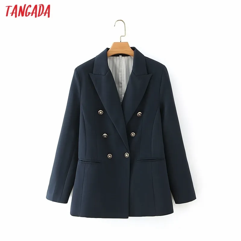 Damesmode Fit Navy Blazer Jas Vintage Dubbele Breasted Lange Mouw Vrouwelijke Bovenkleding Chic Tops DA170 210416