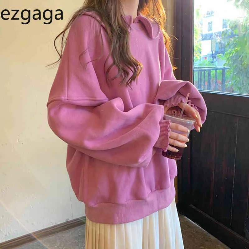 Ezgaga Spessa Peter Oan Collar Felpa dolce Stile Giapponese Stile Giapponese Solido Autunno Autunno Moda Lantern Manica Sleeve Girl Top Kawaii 210430