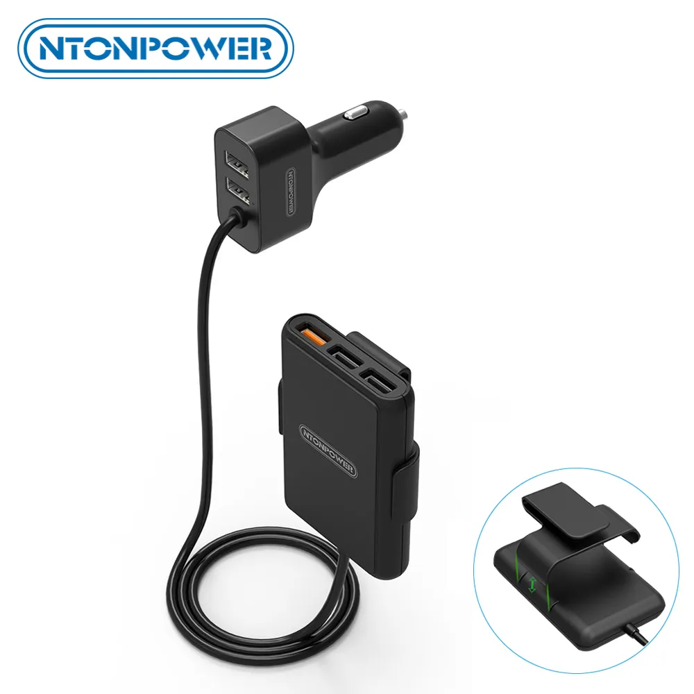 Ntonpower 5 portar USB QC 3.0 Billaddare 1.8m Extensionskabel med avtagbart klipp för mobiltelefon Tablet GPS-laddare