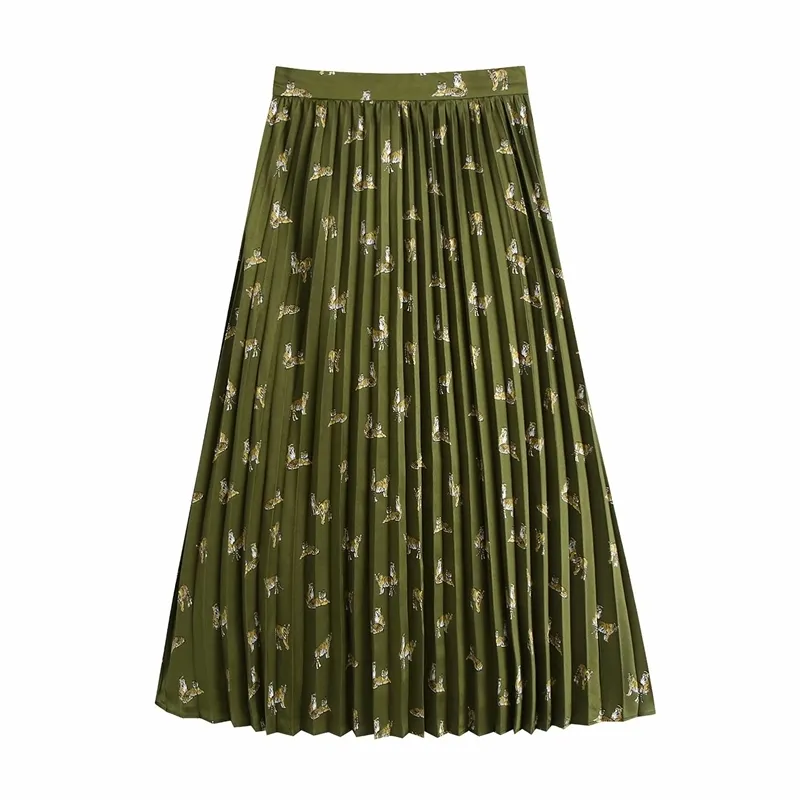 スカート Pleated Chevron Print Silk Skirt Long Satin Skirt, High Waist Pleated Skirt With Tiger Print